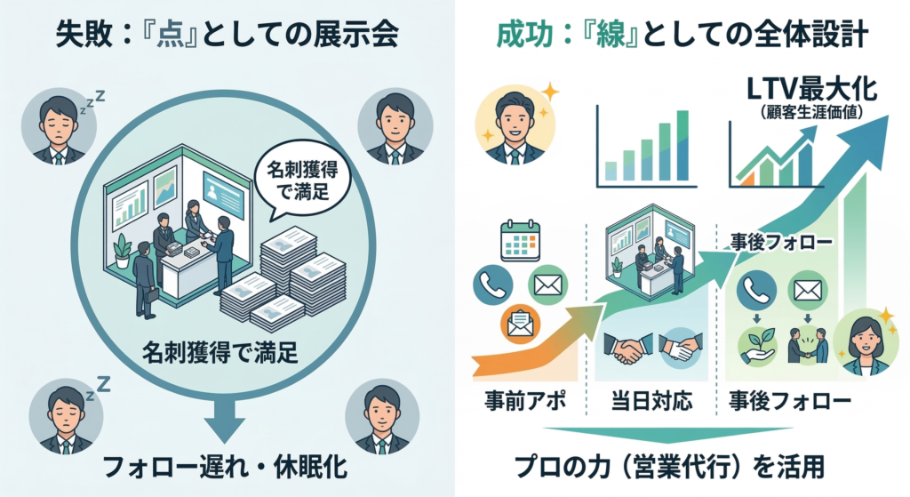 展示会 営業代行を活用し、点から線へLTVを最大化する全体設計の図解